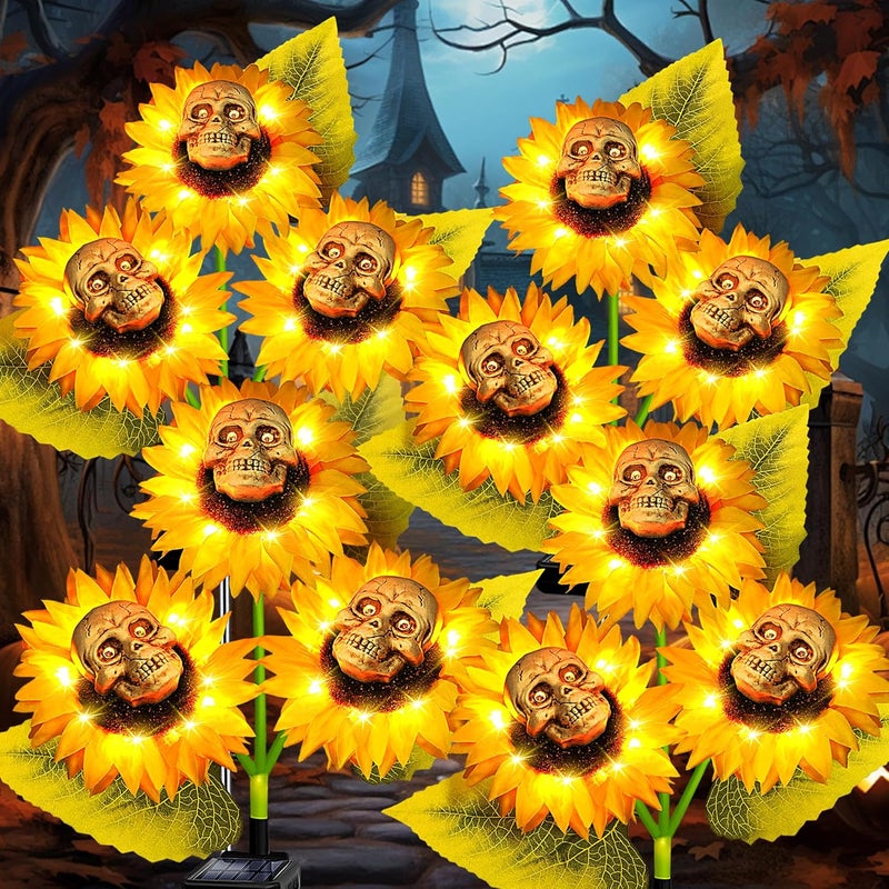 SANDECO Halloween Decorations Outdoor, 4 Pack Solar Scary Skull Sunflowers Lights,Waterproof Solar Flowers Lights Garden Decor for Halloween Yard Patio Lawn Party Decor - Image 1